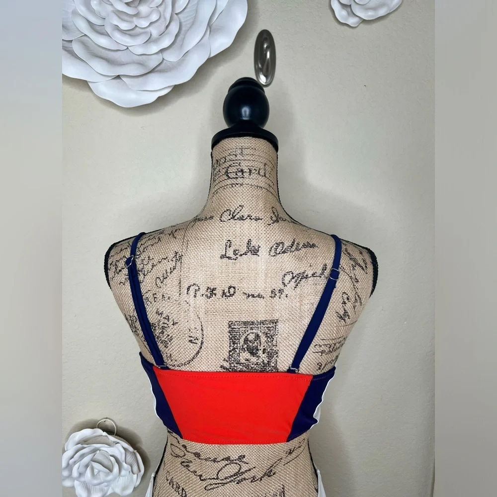 Cupshe Colorblock Bikini Set Orange Blue White Mid Rise Swim Size M - Picture 10 of 16
